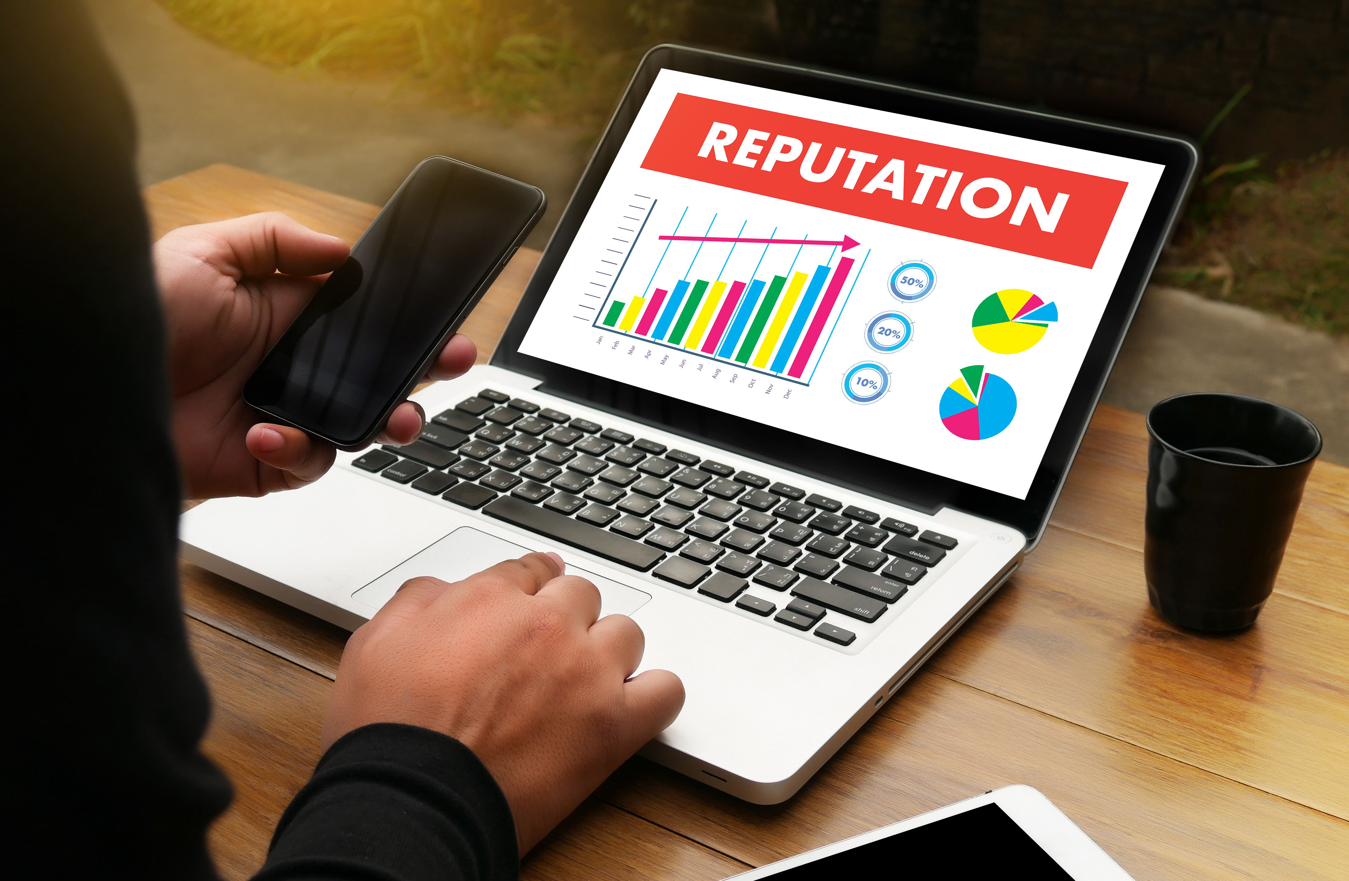 User holding cellphone and operating laptop displaying bar graphs and pie charts under the title: Reputation